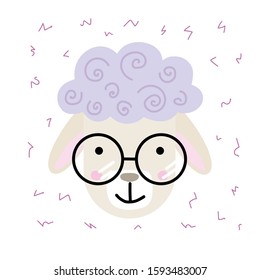 Cartoon flat sheep in glasses. Modern concept of flat design for stickers, banners, postcard, poster.
