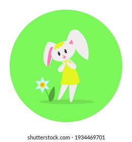 Cartoon flat smilling bunny admires narcissus. Design for Easter. Can be used for sticker, postcard, poster, notebook and other things. Vector illustration