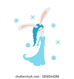 Cartoon flat snow rabbit isolated on white. Can be used for notebook, card, poster, banner, wrapper and background. Cute bunny standing with snowflakes