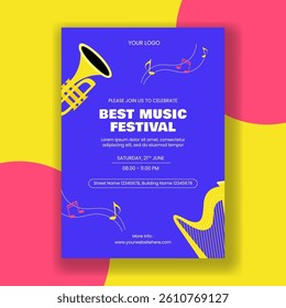 Cartoon Flat Social Media Invitation for World Music Day with Musical Elements and Festival Vibes