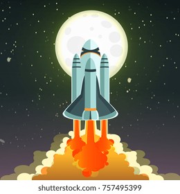 A cartoon flat space shuttle flies into space amid a large moon with craters and a dark night sky. Space and space travel. Vector illustration