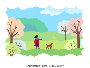 Cartoon flat spring landscape with a girl, a dog and a butterfly. Vector illustration