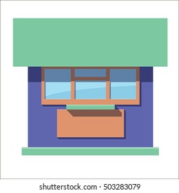 Cartoon flat stall or kiosk isolated on white background. Front. Tobacconist, pawnshop, bookshop. Small business. Outdoor. Vector illustration. EPS 10. 
