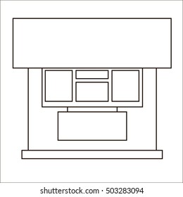 Cartoon flat stall and kiosk isolated on white background. Front. Outline. Tobacconist, pawnshop, bookshop. Small business. Outdoor. Vector illustration. EPS 10. 