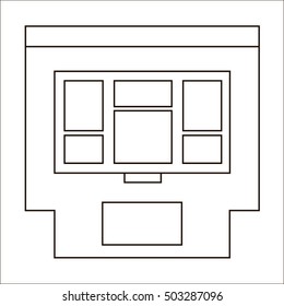 Cartoon flat stall and kiosk isolated on white background. Front. Outline. Tobacconist, pawnshop, bookshop. Outdoor. Small business. Vector illustration. EPS 10. 