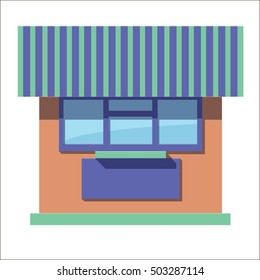 Cartoon flat stall or kiosk isolated on white background. Front. Tobacconist, pawnshop, bookshop. Small business. Outdoor. Vector illustration. EPS 10. 