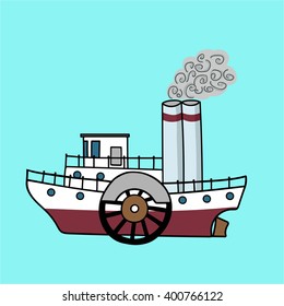 Cartoon flat steamship in the retro style. Old steamboat on a blue background. Hand drawn vector illustration.