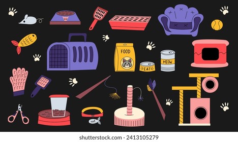 Cartoon flat stickers, accessories and equipment for cats. Food, toys, combs, collar, fish, mouse, bowls, bed. Concept for a pet shop. Hand-drawn colorful icons.