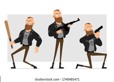 Caricatura de un fuerte caobo punk barbudo con mohawk en chaqueta de cuero. Listo para la animación. Niño sosteniendo bate de béisbol, disparando con pistola y rifle. Aislado sobre fondo gris. Conjunto de iconos del vector.