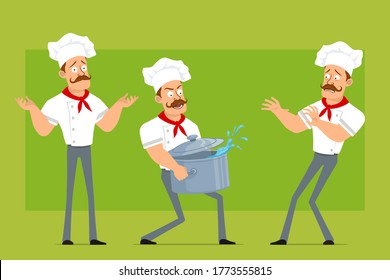 Cartoon flat strong chef cook man character in white uniform and baker hat. Boy carrying stew pot with water and showing stop sign. Ready for animation. Isolated on olive background. Vector set.