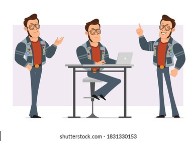 Cartoon flat strong disco man in sunglasses and jeans jacket. Ready for animation. Boy posing, working on laptop and showing attention gesture. Isolated on violet background. Vector icon set.