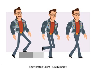 Cartoon flat strong disco man in sunglasses and jeans jacket. Ready for animation. Successful tired boy walking up to his goal. Isolated on violet background. Vector icon set.