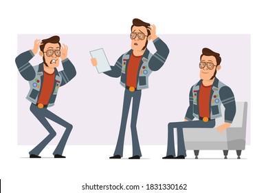 Caricatura de un hombre disco fuerte con gafas de sol y chaqueta de vaqueros. Listo para la animación. Niño enojado, leyendo notas de papel y probando en el sofá. Aislado sobre fondo violeta. Conjunto de iconos del vector.