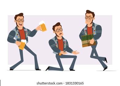 Cartoon flat strong disco man in sunglasses and jeans jacket. Ready for animation. Boy standing on knee and carrying beer bottles and mug. Isolated on violet background. Vector icon set.