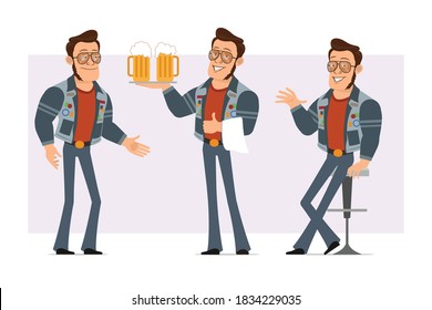 Cartoon flat strong disco man in sunglasses and jeans jacket. Ready for animation. Boy resting, holding beer and shaking hands. Isolated on violet background. Vector icon set.