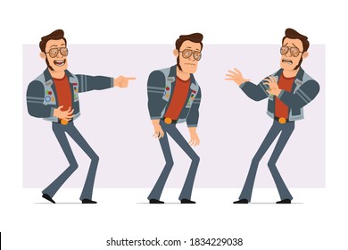 Cartoon flat strong disco man in sunglasses and jeans jacket. Ready for animation. Boy laughing, tired, sad, scared and showing finger. Isolated on violet background. Vector icon set.