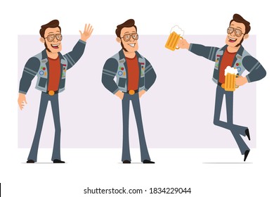 Caricatura de un hombre disco fuerte con gafas de sol y chaqueta de vaqueros. Listo para la animación. Niño posando, mostrando gesto de Hola y saltando con jarra de cerveza. Aislado sobre fondo violeta. Conjunto de iconos del vector.