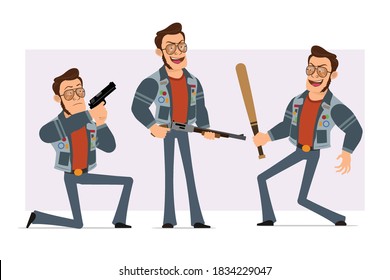 Caricatura de un hombre disco fuerte con gafas de sol y chaqueta de vaqueros. Listo para la animación. Niño sosteniendo un bate de béisbol, disparando desde una pistola y una escopeta. Aislado sobre fondo violeta. Conjunto de iconos del vector.
