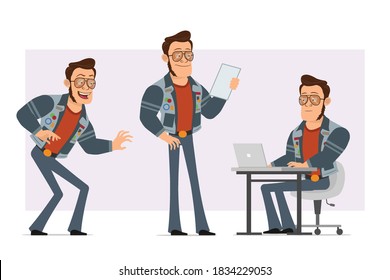 Cartoon flat strong disco man in sunglasses and jeans jacket. Ready for animation. Boy sneaking, reading note and working on laptop. Isolated on violet background. Vector icon set.