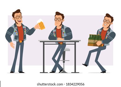 Cartoon flat strong disco man in sunglasses and jeans jacket. Ready for animation. Boy holding beer mug and carrying box of beer bottles. Isolated on violet background. Vector icon set.