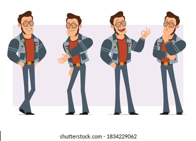 Cartoon flat strong disco man in sunglasses and jeans jacket. Ready for animation. Boy thinking, shaking hands and showing okay sign. Isolated on violet background. Vector icon set.