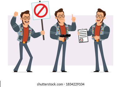 Cartoon flat strong disco man in sunglasses and jeans jacket. Ready for animation. Boy holding no entry sign, pistol and task tablet with mark. Isolated on violet background. Vector icon set.
