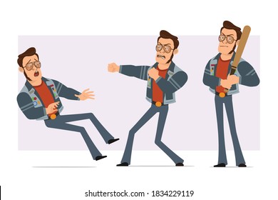 Cartoon flat strong disco man in sunglasses and jeans jacket. Ready for animation. Boy falling down, holding baseball bat and fighting. Isolated on violet background. Vector icon set.