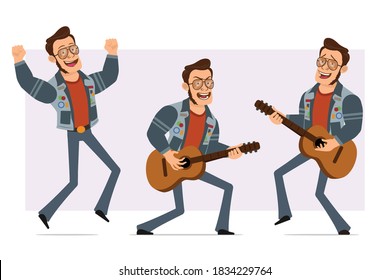 Cartoon flat strong disco man in sunglasses and jeans jacket. Ready for animation. Boy jumping and playing on acoustic guitar. Isolated on violet background. Vector icon set.