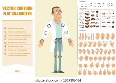 Cartoon flat strong doctor man character in white uniform and glasses. Ready for animations. Face expressions, eyes, brows, mouth and hands easy to edit. Isolated on yellow background. Vector set.