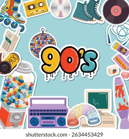 Cartoon flat style banner with 90s retro mood, framed with stickers like boombox, candy machine, CD, vinyl and disco ball. Bright and funky layout ideal for creative posters and playful projects.