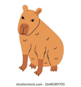 Capivara de estilo liso de desenhos animados sentada sozinha, isolada em branco. Ilustração simples e amigável ótimo para crianças, decoração, clipart, design de selva e coleções de natureza de verão.