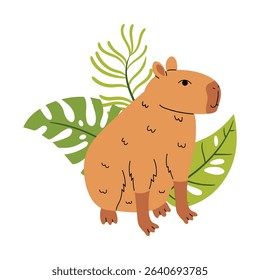 Cartoon flat style capybara surrounded by tropical leaf composition. Soft colors and charming design great for children illustrations, jungle decor, or animal themed creative projects.
