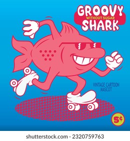 Cartoon flat style character of a shark on rollerskates, retro bubble gum packaging design. Vector illustration