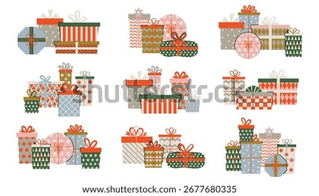 Cartoon flat style collection of cute gift box compositions for holiday celebrations. Bright hand drawn clipart for Christmas, birthday, party, festive decor, greeting cards and seasonal projects.