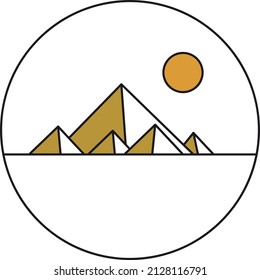 Cartoon flat style desert landscape. Egyptian pyramids and sun on the white background. Round emblem vector illustration