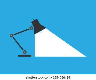 Cartoon flat style desk lamp icon shape. Idea light logo. Workplace symbol. Vector illustration image. On blue background.