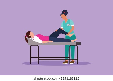 Cartoon flat style draw woman lying on massage table professional masseur therapist doing healing treatment massaging patient treating knee manual physical therapy. Graphic design vector illustration