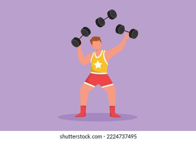 Cartoon flat style drawing acrobat juggling small dumbbells. 
Hand skills games attractions. Requires dexterity and concentration. Circus show event entertainment. Graphic design vector illustration