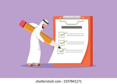 Cartoon flat style drawing active Arabian businessman mark checklist with pen. Person completion business task. Goal achievement planning schedule concept. Graphic design character vector illustration