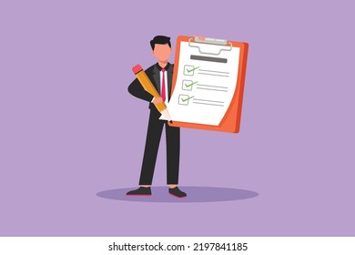 Cartoon flat style drawing active businessman standing and holding big clipboard with checklist. Business success completed plan. Goal achievement planning schedule. Graphic design vector illustration