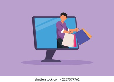 Cartoon flat style drawing active man coming out of monitor computer screen with holding shopping bags. Sale, digital lifestyle, consumerism. Online store concept. Graphic design vector illustration