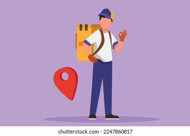 Cartoon flat style drawing of active delivery man standing with okay gesture and pin map icon. Carrying package box that customer has ordered to be delivered safely. Graphic design vector illustration