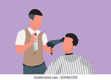 Cartoon flat style drawing of active barber makes hair styling with hair spray after haircut at barber shop. Young handsome man getting haircut in modern hair salon. Graphic design vector illustration