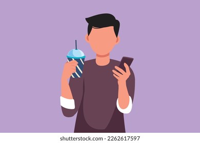 Cartoon flat style drawing active handsome man looking at mobile phone and holding glass of orange juice while having breakfast at home. Morning routine before work. Graphic design vector illustration