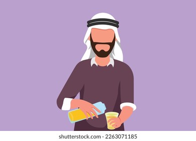 Cartoon flat style drawing active Arab man pouring orange juice into glass from bottle while having breakfast at home. Healthy male feels thirsty in summer season. Graphic design vector illustration