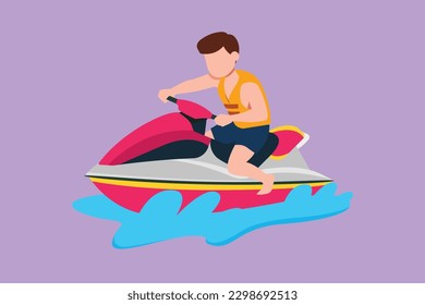Cartoon flat style drawing of active little boy riding jet ski at beach. Happy smiling child with rides water scooter on ocean waves. Summer sea water sport concept. Graphic design vector illustration