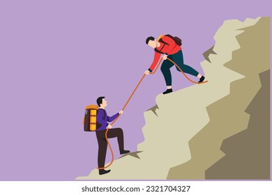 Dibujo plano de caricatura de dos hombres excursionistas escalando la montaña y ayudándose entre ellos con cuerda. Negocio, éxito, logro y concepto de objetivo, símbolo. Ilustración vectorial de diseño gráfico