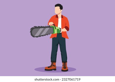 Cartoon flat style drawing active worker using the chainsaw. Wearing suspender shirt, jeans and boots. Professional lumberjack pose cutting tree by chainsaw symbol. Graphic design vector illustration