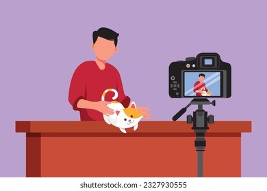 Cartoon flat style drawing active teenage pet blogger. Teen boy with cat recording video on camera. Hobbies and leisure, blogging about pet, animal lover logo, icon. Graphic design vector illustration