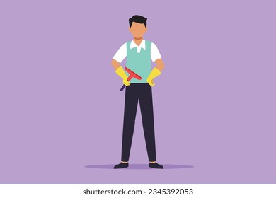 Cartoon flat style drawing active cleaning service standing with cool pose. Cleaning worker posing and enjoying working. Smiling male cleaning company staff member. Graphic design vector illustration